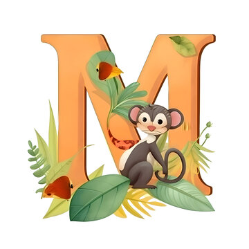 Font design for uppercase letter M with monkey and bird illustration
