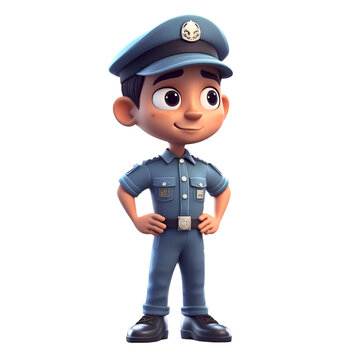 3D illustration of a cute policeman with a cap and blue pants