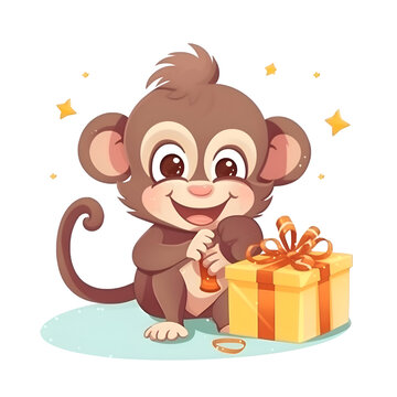 Cute cartoon monkey with a gift. Vector illustration on a white background.