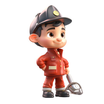 3D illustration of a boy dressed as a firefighter with a wrench
