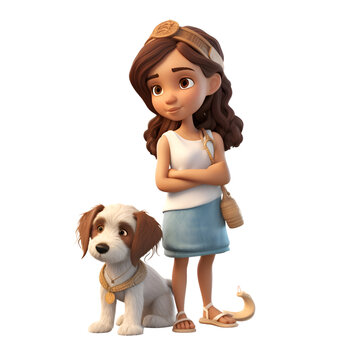 3d illustration of a little girl with a dog on a white background