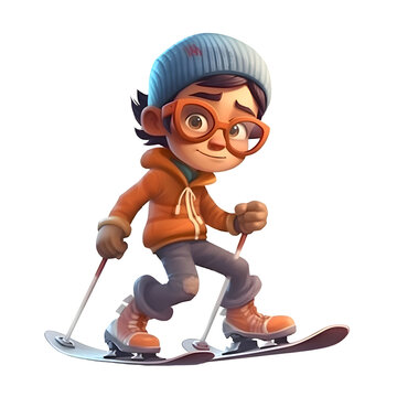 Cartoon boy skiing on white background with shadow - illustration for children