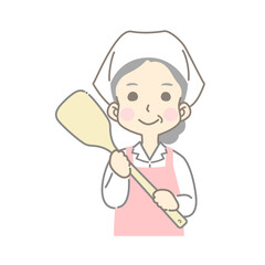 大きいヘラを持つ調理スタッフの女性（給食センター・食堂・厨房・食品加工）