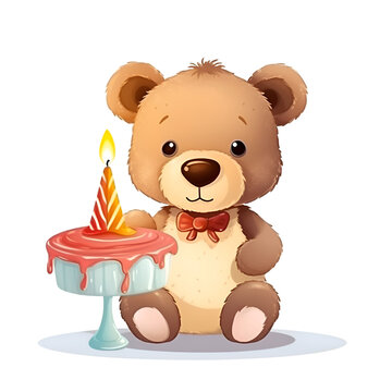 Cute teddy bear with a birthday cake. Vector illustration.