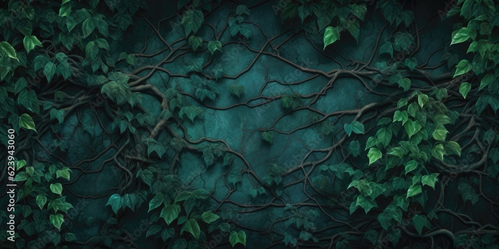 Poster Twisting vines and leaves intertwine, creating a lush and enchanting nature-inspired texture background. Generative AI