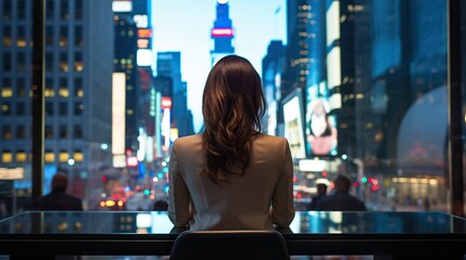 backside of business woman. time square new york with bokeh light background. 
