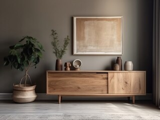 The interior design of the modern living room with a wooden rustic cabinet near the wall and a blank poster frame generative ai