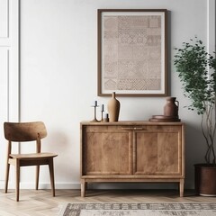 The interior design of the modern living room with a wooden rustic cabinet near the wall and a blank poster frame generative ai