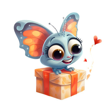 Cute cartoon butterfly sitting on a gift box. Vector illustration.