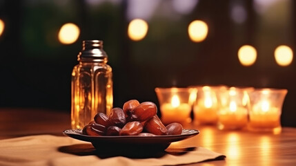 Obraz na płótnie Canvas Ramadan lantern and a plate of dates on the table