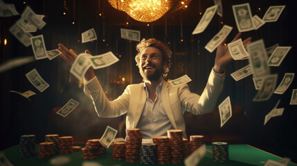A happy man winning poker in casino and money flying around him