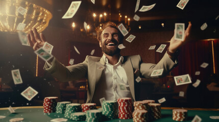 A happy man winning poker in casino and money flying around him