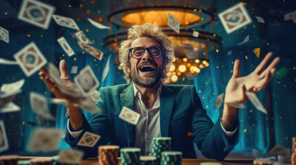 Fototapeta na wymiar A happy man winning poker in casino and money flying around him