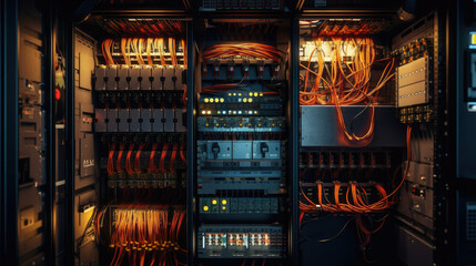 Electrical distribution cabinet. Panel with wires and switches at enterprise