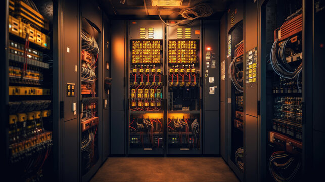 Electrical distribution cabinet. Panel with wires and switches at enterprise