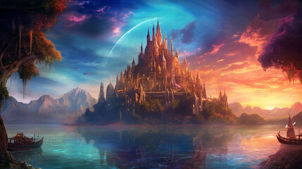 A panoramic fantasy vista with gothic detailed fairy tale castle, palace in island among lake, colourful fantastic wallpaper, background for display and screen. Ai generated epic digital illustration
