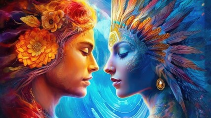 Creative fantasy portrait of masculine and feminine energy in cosmic with vibrant colors. Generative AI AIG27.