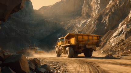 A yellow haul truck in the mine