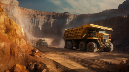 A yellow haul truck in the mine