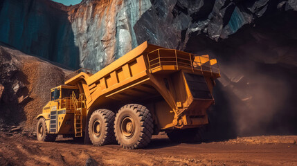 A yellow haul truck in the mine