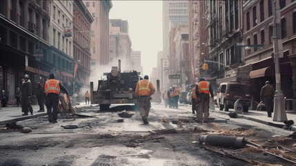 Fototapeta premium Workers repairing broken street