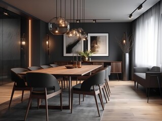 Fototapeta premium The interior design of the modern dining room generative ai