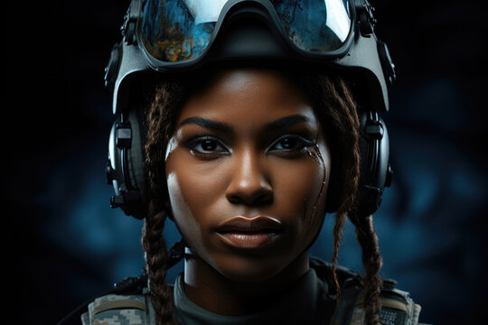 Young black woman wearing military uniform including camouflage fatigues and a helmet. She is ready for war to protect and serve her country