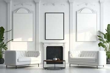 modern living room with white furniture and a cozy fireplace. Generative AI