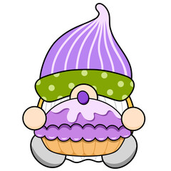a dwarf holding a grape pie