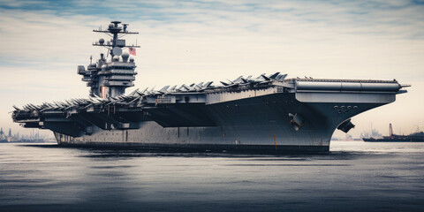 Military aircraft carrier ship sailing on sea at sunset