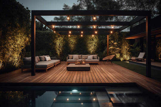Interior design of a lavish side outside garden at evening, with a teak hardwood deck and a black pergola. Scene in the evening with couches and lounge chairs by the pool. Generative AI