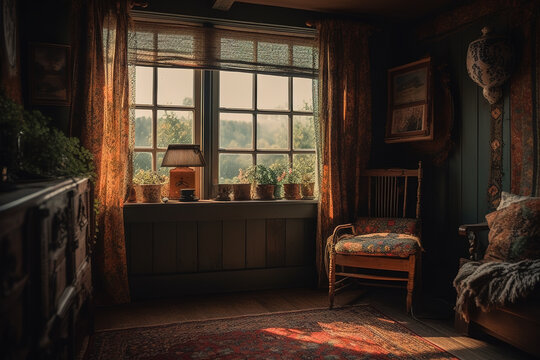 Simply cosy retro room with a window and curtains. Generative Ai