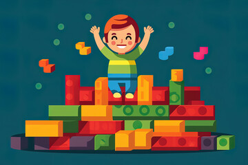 Happy child playing and learning with colorful building blocks. Generative AI