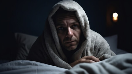 A man with insomnia or a man with a cold or flu in his bed. Man flu. Generative AI.