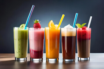 Image of Variety of fruit cocktails, popular bubble tea, chocolate fruit flavor. Trendy Asian summer drinks printed on Printed Glass Splashbacks
