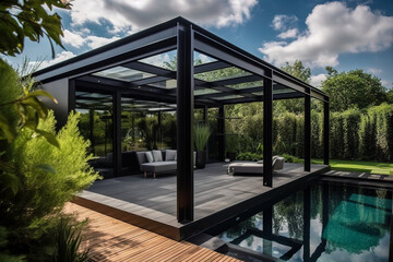 Modern black bioclimatic pergola with view on an outdoor patio. Teak wood flooring, a pool, and lounge chairs, green grass and trees in a garden. Generative AI