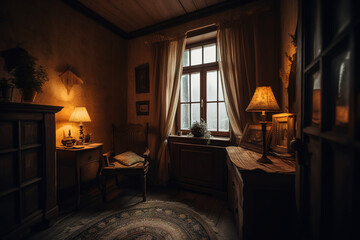 Simply cosy retro room with a window and curtains. Generative Ai