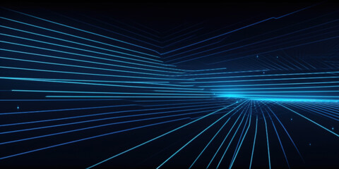 Abstract blue glowing geometric lines on dark blue background. Modern shiny blue diagonal rounded lines pattern. Futuristic technology concept. Generative AI
