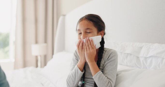 Bedroom tissue, sneeze and child sick from flu virus, sinus cold or infection with father support, help and care. Home bed, covid risk and dad with kid ill from medical problem, allergy and blow nose
