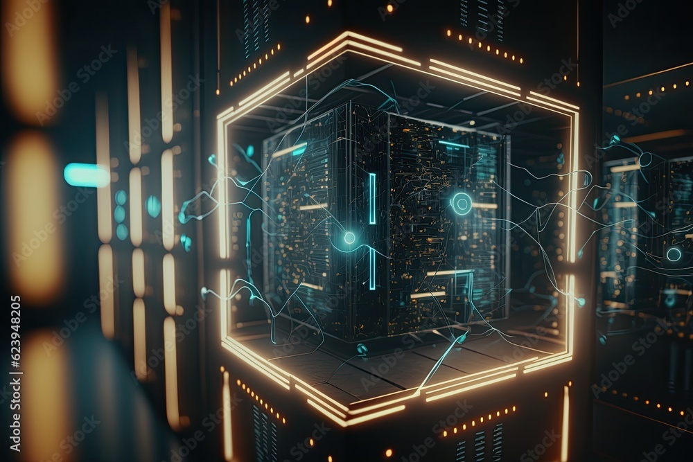 Poster sleek and modern room with hexagonal architecture and neon lighting. generative ai