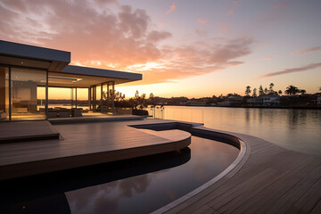 Fototapeta premium Photo modren house sunset view in beautiful place 3d rendering