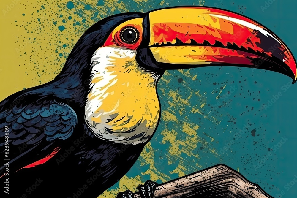 Poster vibrant toucan perched on a tree branch. generative ai
