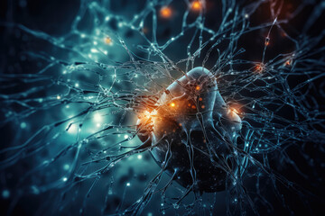 Neuronal learning, Blue 3d neurons forge new connections, strengthening brain's cognitive abilities, Turquoise Neurons in the brain, brain's neurons fire in synchrony, deep concentration focus
