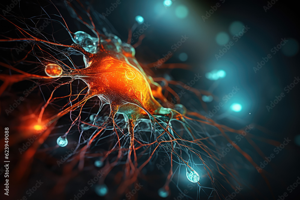 Poster 3d visualization revealing the workings of the nervous system, background with space, generative ai