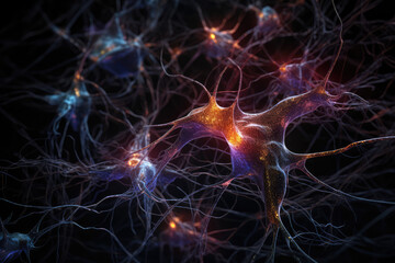 Red Neuronal learning, 3d neurons forge new neuronal connections, strengthening brain's cognitive abilities, Violet Neurons in brain, Purple brain's neurons fire in synchrony, deep concentration focus