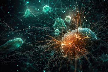  3D Illustration Portraying the Beauty and Intricacy of Brain Cells, energy of fractal realms, generative AI