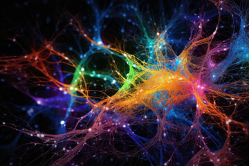 Gold Bright Neuronal learning Energy, 3d neurons forge new connections, brain's cognitive abilities, Colorful Neurons in Brain, Motley brain's neurons fire in vivid synchrony, deep concentration focus