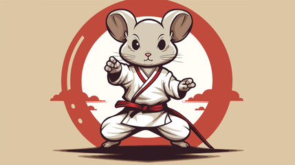 A cute mouse Vector Logo Icon Sports Mascot flat illustration, presenting a tiny mouse with a determined look, dressed in a karate gi and performing a high kick, with dynamic motion lines surrounding 