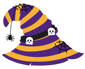 Cute witch hat with skulls, spiderwebs and spider hanging on the hat 