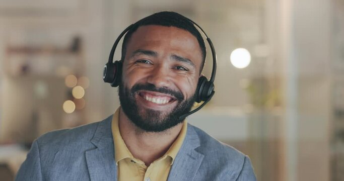 Man, call center and office with face, laugh and comic joke in conversation, chat and customer service. Funny consultant, headphones and microphone in night for tech support, telemarketing or crm job